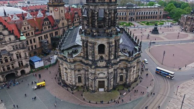 Drone shot of Dresden Cathedral ( Katholische Hofkirche ) or Cathedral of the Holy Trinity ( Kathedrale Sanctissimae Trinitatis ) , Dresden , Germany .