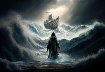 Jesus walks on water across the sea towards a boat illustration. Ai generative.