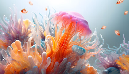 Fototapeta na wymiar Coral reefs and underwater life depicted in stunning detail on a clean and transparent glass texture background Generative AI