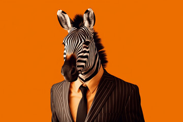 Fototapeta premium Portrait of a businessman with a zebra head on an orange background generative ai