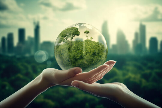 Close up of hands holding Earth planet on blurred cityscape background nature concept