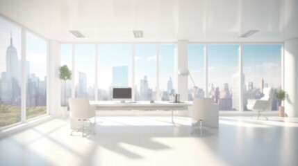Professional business presentation background, blurred contemporary minimalist office with city view, bright interior of office space, AI generated
