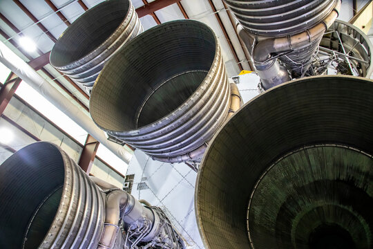Houston USA 4th Feb 2023: give F-1 engine on first stage of Saturn V rocket at NASA Johnson Space Center is the tallest, heaviest and most powerful rocket ever flown.