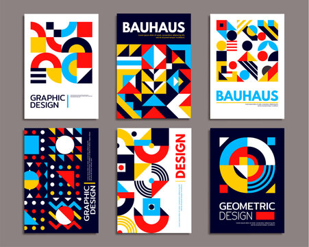 Abstract geometric bauhaus posters, modern background pattern with minimal shapes. Vector trendy art layout templates with bold typography and circle, triangle, dot, line and square colorful elements - Powered by Adobe