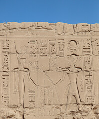 Ancient egyptian carvings and hyroglyphs at Karnak temple in Luxor, Egypt 
