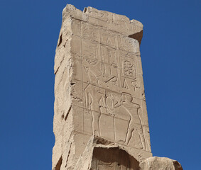 Ancient egyptian carvings and hyroglyphs at Karnak temple in Luxor, Egypt 