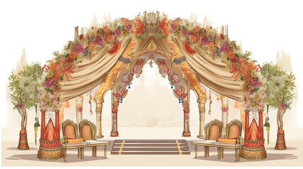An illustration of a decorated arch for a wedding ceremony, with an Indian royal theme