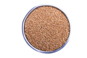 
wheat grains seeds in steel bowl Top view on isolated background