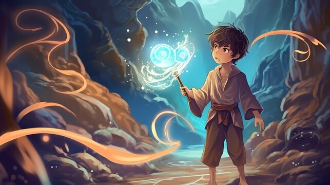 Fototapeta an anime-inspired illustration of a young boy holding a magic wand