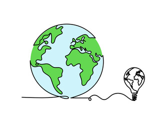 Abstract color planet Earth with light bulb as line drawing on white