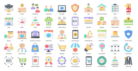 B2C Flat Icons Shopping Business Consumer Icon Set in Color Style 50 Vector Icons 