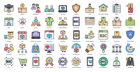 B2C Color Line Icons Shopping Business Consumer Icon Set in Filled Outline Style 50 Vector Icons