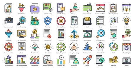 Sales Management Color Line Icons Business Sale Icon Set in Filled Outline Style 50 Vector Icons