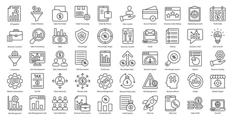 Sales Management Thin Line Icons Business Sale Icon Set in Outline Style 50 Vector Icons in Black