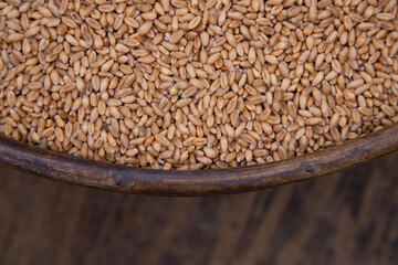 Wheat grains in a bowl on a wooden background, top view