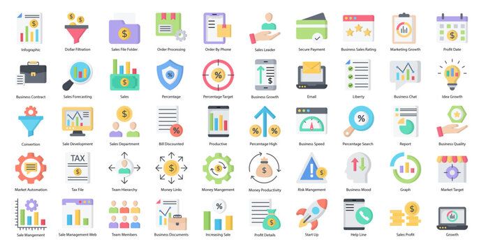 Sales Management Flat Icons Business Sale Icon Set in Color Style 50 Vector Icons