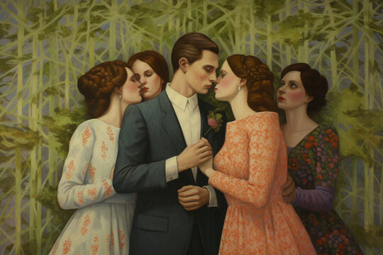 lovers, polygamy and polyamory in relationships, created by a neural network, Generative AI technology