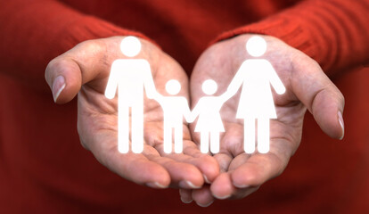 Hand holding family love care and protect, family mental health,  health and house insurance, family life, happy mother father and children, mother day, father day concept