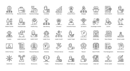 Obraz na płótnie Canvas Leadership Thin Line Icons Business Management Leader Icon Set in Outline Style 50 Vector Icons in Black