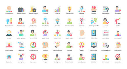 Leadership Flat Icons Business Management Leader Icon Set in Color Style 50 Vector Icons