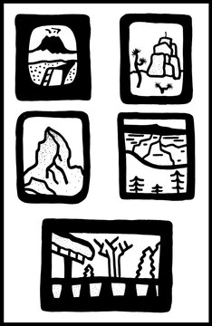 Paysage &agrave; travers une fen&ecirc;tre dessin noir et blanc