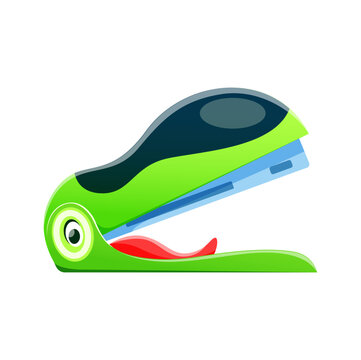Cartoon stapler, school character and education mascot, vector funny smile. Back to school emoji or emoticon of cute happy stapler with crocodile face, kids comic school stationery supply character