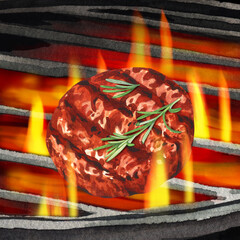 Grilled meat hamburger and black barbecue grill, kitchen tools. Watercolor hand-drawn illustration. Perfect for menu cafe, restaurant, recipe book, cooking.