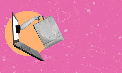 A modern art collage depicting a laptop and a hand with a paper bag. The concept of shopping.