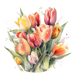 Bouquet Of Flowers and leaves, isolated on white background, watercolor illustration, AI generated