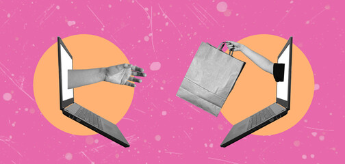 A modern art collage depicting a laptop and a hand with a paper bag. The concept of shopping.