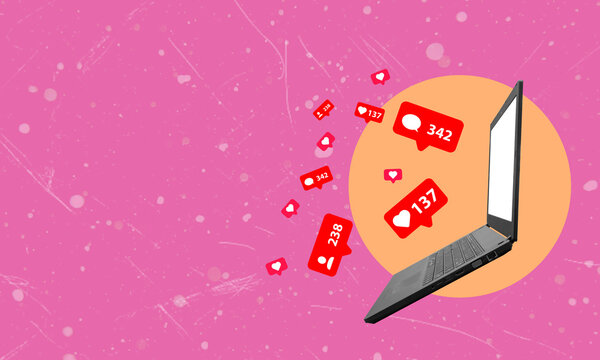 Art collage, computer hearts on pink background.