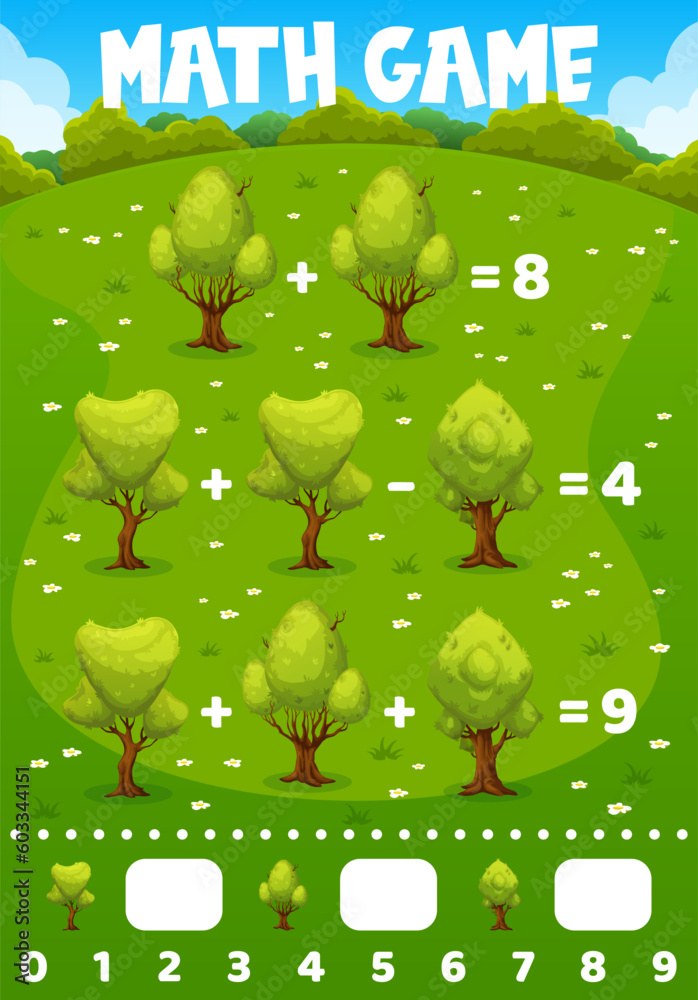 Poster math game worksheet. cartoon forest trees. kids mathematical puzzle, children educational vector gam