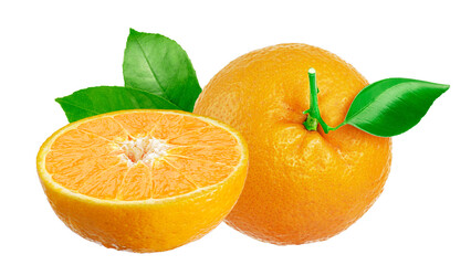 Orange fruit with orange leaves isolated. Png transparency