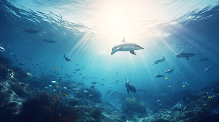 dolphins swimming underwater between the ocean , coral reef and school of fish on a blue sea background,
 Underwater cave and ocean creatures, dolphins jumping on the water seascape ,Generative AI 