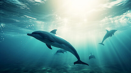 Obraz premium dolphins swimming underwater between the ocean , coral reef and school of fish on a blue sea background, Underwater cave and ocean creatures, dolphins jumping on the water seascape ,Generative AI 