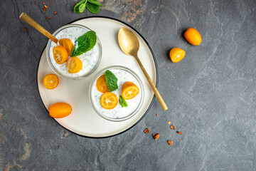 Kumquat chia pudding yogurt. healthy breakfast. superfood concept. Healthy, clean eating. Vegan or gluten free diet