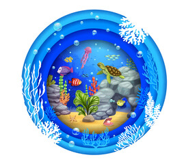 Cartoon turtle, fish and seaweeds in underwater paper cut, vector tropical sea landscape. Ocean or undersea paper cut background with coral reef fishes, seashell and starfish with jellyfish in water