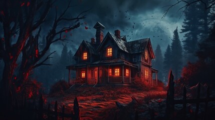 Fototapeta na wymiar haunted house in the woods, murder mystery story with a dark house at night, the windows have a red glow to them and the creepy darkness extends to a street and a forest, wallpaper, Generative AI