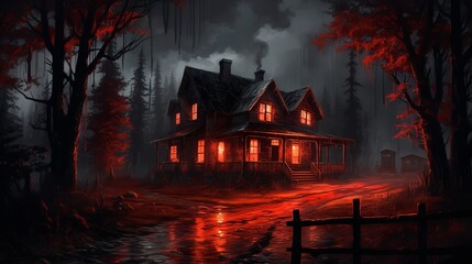 haunted house in the woods, murder mystery story with a dark house at night, the windows have a red glow to them and the creepy darkness extends to a street and a forest, wallpaper - obrazy, fototapety, plakaty