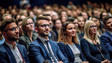 Audience leasting speaker at business conference. Generative AI.