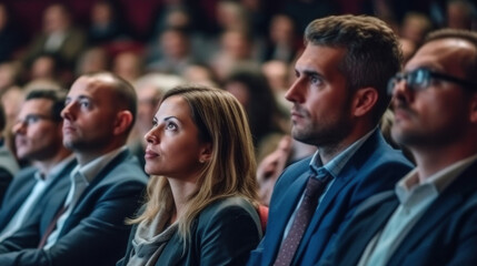 Fototapeta premium Audience leasting speaker at business conference. Generative AI.