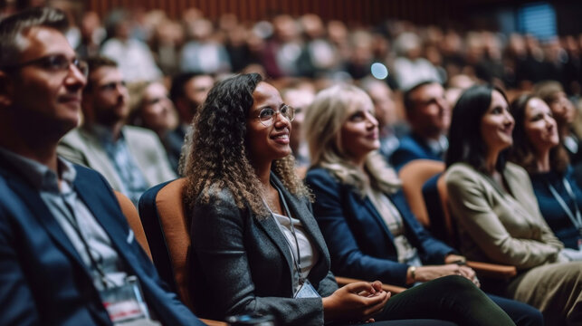 Audience leasting speaker at business conference. Generative AI.