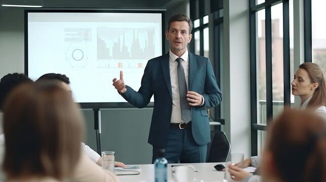 Mid Age Businessman Giving Presentation To His Colleagues In Office. Generative AI.