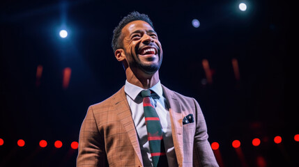 Hispanic man motivational speaker on stage, talking about success and leadership. Generative AI.