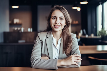Obraz na płótnie Canvas A confident Western woman wearing a formal dress stands with her arms folded on the table, looking directly at the camera in a modern office environment. generative AI.