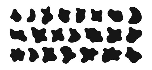 Set of irregular shapes, organic blobs, liquid ink spots, distorted bubbles textures isolated on white background. Trendy asymmetric figures. Vector graphic elements illustration 