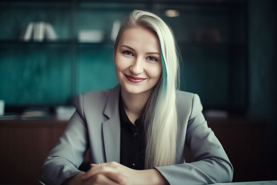 A confident Western woman wearing a formal dress stands with her arms folded on the table, looking directly at the camera in a modern office environment. generative AI.