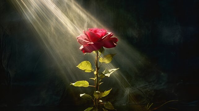 Oil painting, single red rose growing under water, god rays, 32k UHD, caustics, light rays, by Rembrandt, red rose in the night, wallpaper, Generative AI