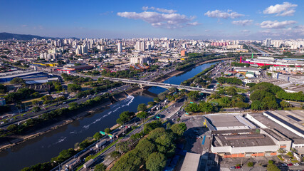 Fototapeta na wymiar Aerial view of the Barra Funda neighborhood, on Marginal Tietê in São Paulo, Brazil. Avenue that crosses the city