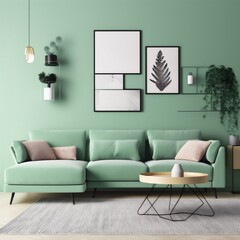 interior background stylish lounge comfortable apartment trendy indoor mint furniture. Generative AI.